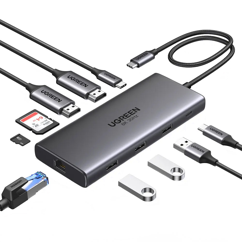 Hub USB-C UGREEN Revodok Pro 210 CM639, 1 x USB-A 3.0 - 2 x USB-A - 2 x USB-C - 2 x HDMI - 1 x RJ45 - 1 x SD - 1 x microSD, Grigio
