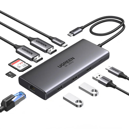Hub USB-C UGREEN Revodok Pro 210 CM639, 1 x USB-A 3.0 - 2 x USB-A - 2 x USB-C - 2 x HDMI - 1 x RJ45 - 1 x SD - 1 x microSD, Grigio