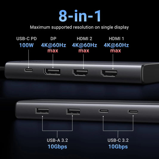 Hub USB-C UGREEN Revodok 308 CM639, 2 x USB-A 3.2 - 3 x USB-C - 1 x Display Port - 2 x HDMI, Grigio