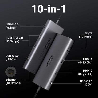Hub USB-C UGREEN Revodok Pro 210 CM639, 1 x USB-A 3.0 - 2 x USB-A - 2 x USB-C - 2 x HDMI - 1 x RJ45 - 1 x SD - 1 x microSD, Grigio