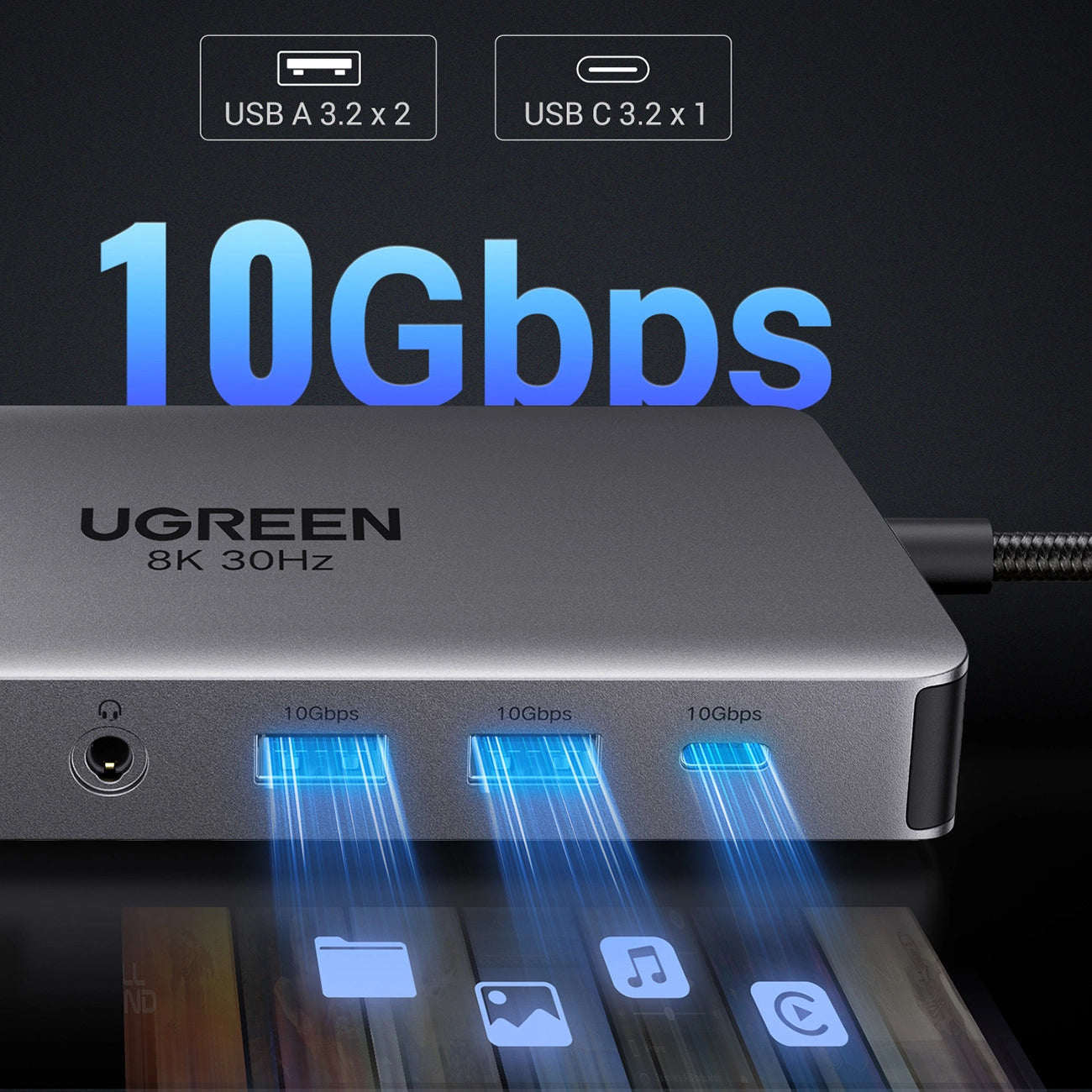 Hub USB-C UGREEN Revodok Pro 313 CM681, 2 x USB-A 3.2 - 1 x USB-A 3.0 - 2 x USB-C - 2 x HDMI - 1 x Jack 3.5mm - 1 x RJ45 - 1 x SD - 1 x microSD, Grigio
