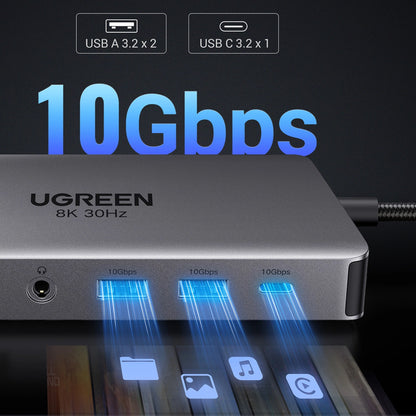 Hub USB-C UGREEN Revodok Pro 313 CM681, 2 x USB-A 3.2 - 1 x USB-A 3.0 - 2 x USB-C - 2 x HDMI - 1 x Jack 3.5mm - 1 x RJ45 - 1 x SD - 1 x microSD, Grigio
