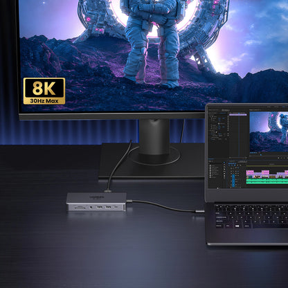 Hub USB-C UGREEN Revodok Pro 313 CM681, 2 x USB-A 3.2 - 1 x USB-A 3.0 - 2 x USB-C - 2 x HDMI - 1 x Jack 3.5mm - 1 x RJ45 - 1 x SD - 1 x microSD, Grigio
