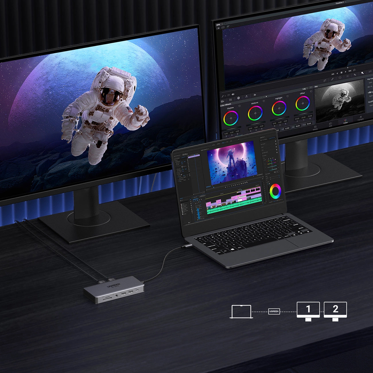 Hub USB-C UGREEN Revodok Pro 313 CM681, 2 x USB-A 3.2 - 1 x USB-A 3.0 - 2 x USB-C - 2 x HDMI - 1 x Jack 3.5mm - 1 x RJ45 - 1 x SD - 1 x microSD, Grigio