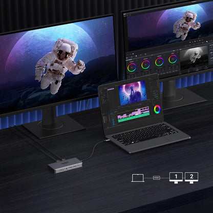 Hub USB-C UGREEN Revodok Pro 313 CM681, 2 x USB-A 3.2 - 1 x USB-A 3.0 - 2 x USB-C - 2 x HDMI - 1 x Jack 3.5mm - 1 x RJ45 - 1 x SD - 1 x microSD, Grigio
