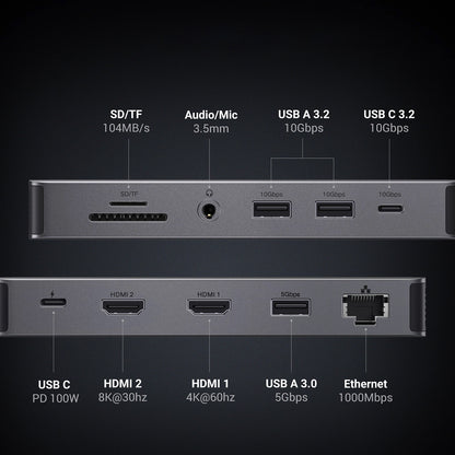 Hub USB-C UGREEN Revodok Pro 313 CM681, 2 x USB-A 3.2 - 1 x USB-A 3.0 - 2 x USB-C - 2 x HDMI - 1 x Jack 3.5mm - 1 x RJ45 - 1 x SD - 1 x microSD, Grigio