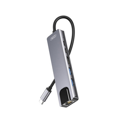 Hub USB-C XO Design HUB013, 1 x USB-A - 1 x USB-A 3.0 - 2 x USB-C - 1 x HDMI - 1 x RJ45, Grigio