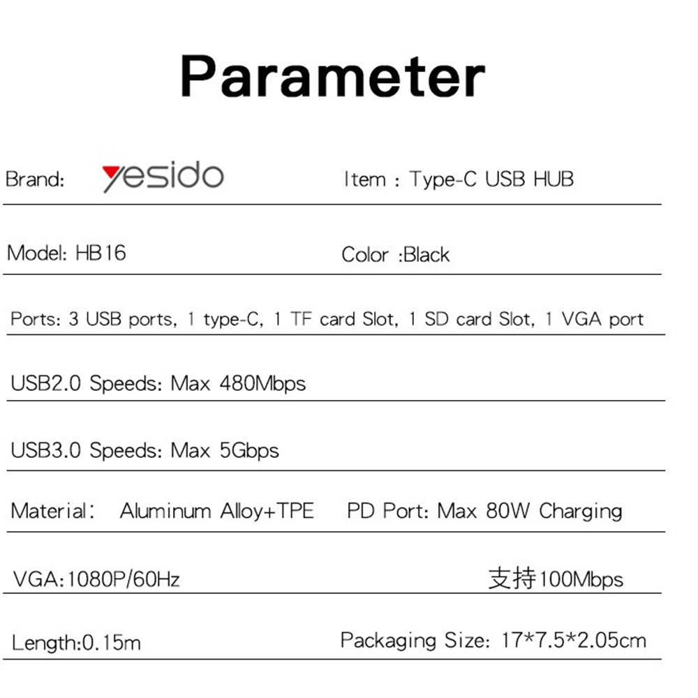 Yesido HB16 USB-C Hub, 7in1, Gray