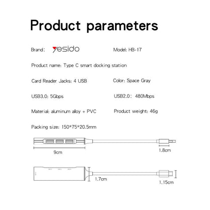 Yesido HB17 USB-C Hub, 4in1, Grey