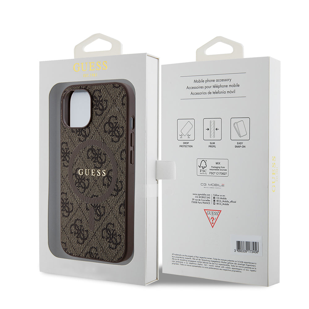 Custodia MagSafe per Apple iPhone 15 Plus, Guess, 4G Colored Ring, Marrone GUHMP15MG4GFRW