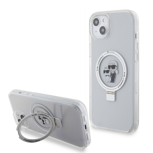 Custodia MagSafe per Apple iPhone 15 Plus, Karl Lagerfeld, Ringstand Karl and Choupette, Bianca, Ricondizionata