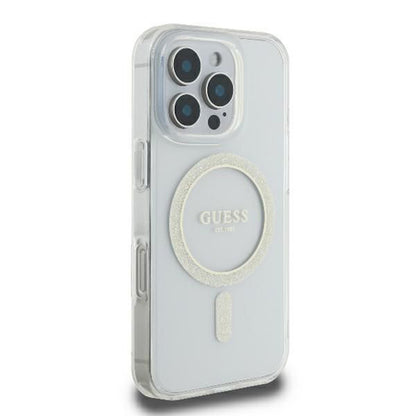 Custodia MagSafe per Apple iPhone 16 Pro, Guess, IML Glitter Ring, Trasparente GUHMP16LHFGERET