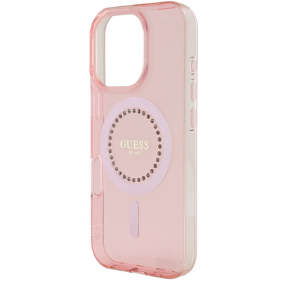 Custodia MagSafe per Apple iPhone 16 Pro Max, Guess, IML Rhinestones Ring, Rosa GUHMP16XPFTDTEP