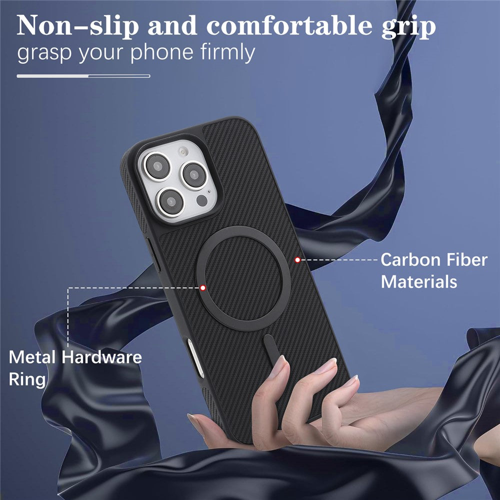 Custodia MagSafe per Apple iPhone 16 Pro, OEM, Anello in Metallo Carbonio, Nera