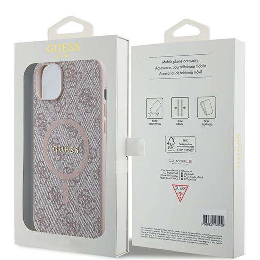 Custodia MagSafe per Apple iPhone 14, Guess, 4G Ring Classic Logo, Rosa
