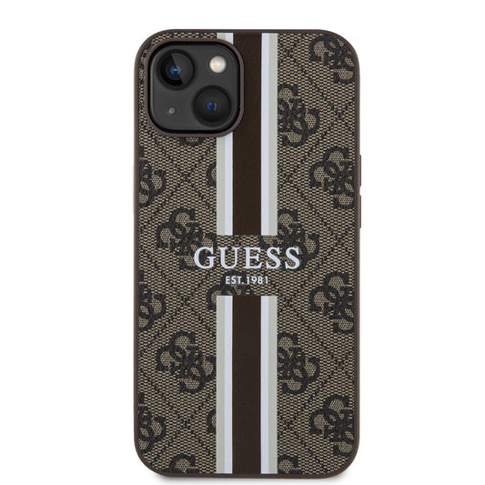 Custodia MagSafe per Apple iPhone 15, Guess, 4G Printed Stripes, Marrone