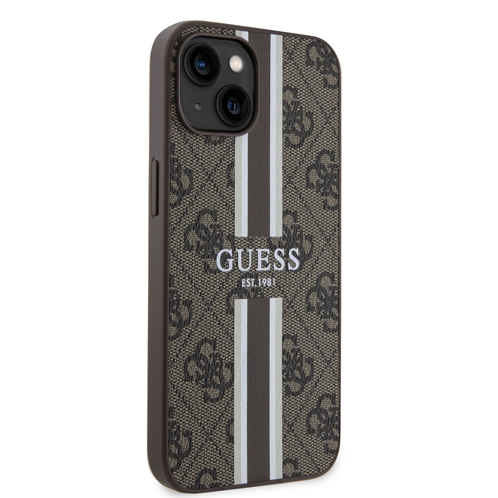 Custodia MagSafe per Apple iPhone 15, Guess, 4G Printed Stripes, Marrone