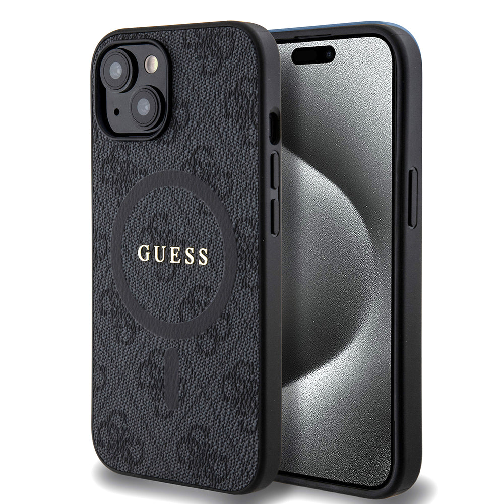 Custodia MagSafe per Apple iPhone 15, Guess, 4G Ring Classic Logo, Nera