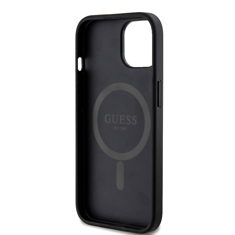 Custodia MagSafe per Apple iPhone 15, Guess, 4G Ring Classic Logo, Nera