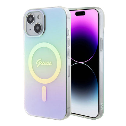 Custodia MagSafe per Apple iPhone 15, Guess, IML Iridescente, Turchese