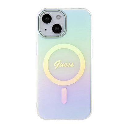 Custodia MagSafe per Apple iPhone 15, Guess, IML Iridescente, Turchese