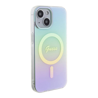 Custodia MagSafe per Apple iPhone 15, Guess, IML Iridescente, Turchese