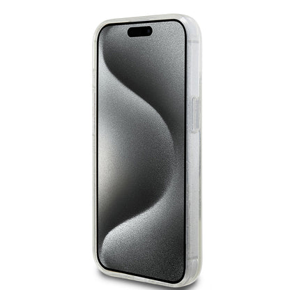 Custodia MagSafe per Apple iPhone 15, Guess, Ring Stand Script Glitter, Trasparente
