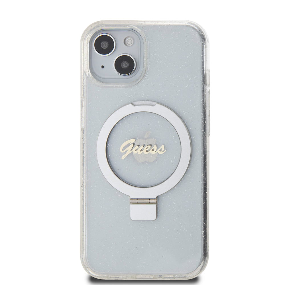 Custodia MagSafe per Apple iPhone 15, Guess, Ring Stand Script Glitter, Trasparente