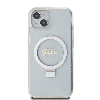 Custodia MagSafe per Apple iPhone 15, Guess, Ring Stand Script Glitter, Trasparente