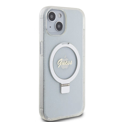 Custodia MagSafe per Apple iPhone 15, Guess, Ring Stand Script Glitter, Trasparente