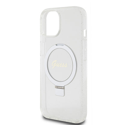 Custodia MagSafe per Apple iPhone 15, Guess, Ring Stand Script Glitter, Trasparente