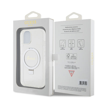 Custodia MagSafe per Apple iPhone 15, Guess, Ring Stand Script Glitter, Trasparente