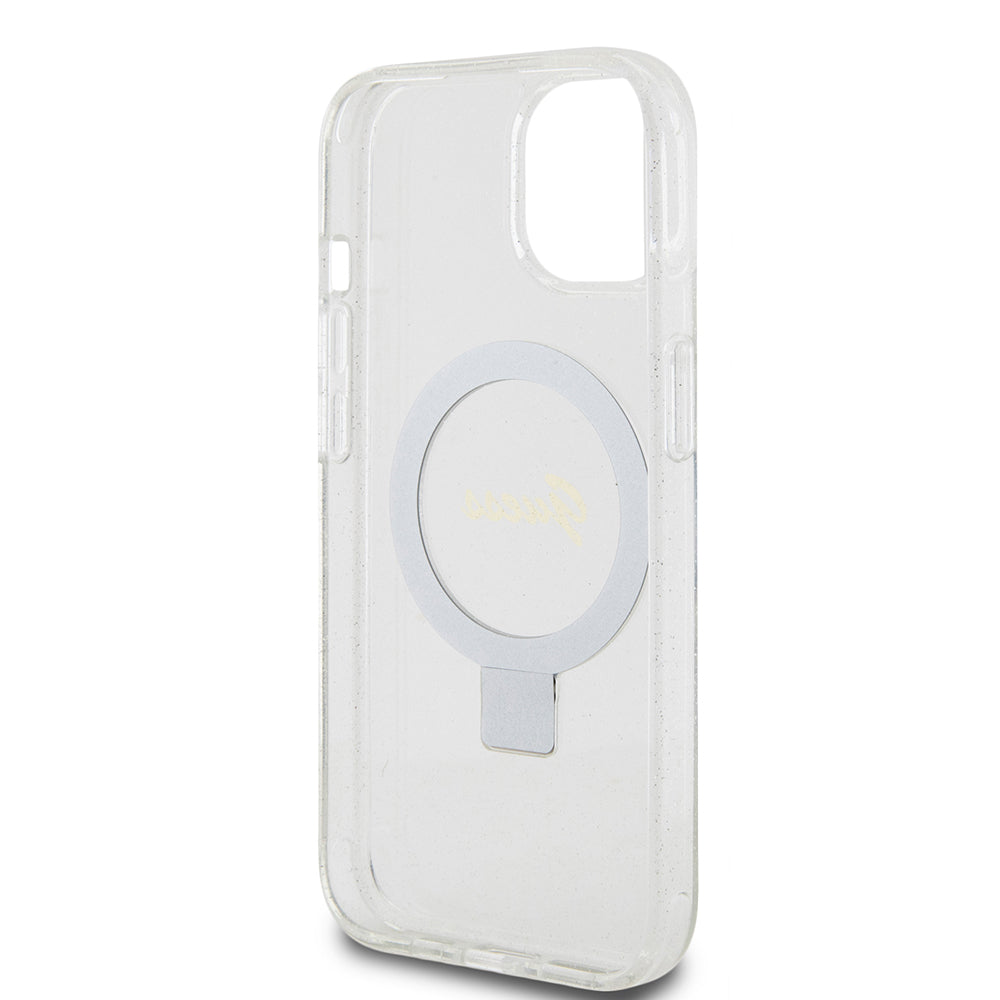 Custodia MagSafe per Apple iPhone 15, Guess, Ring Stand Script Glitter, Trasparente