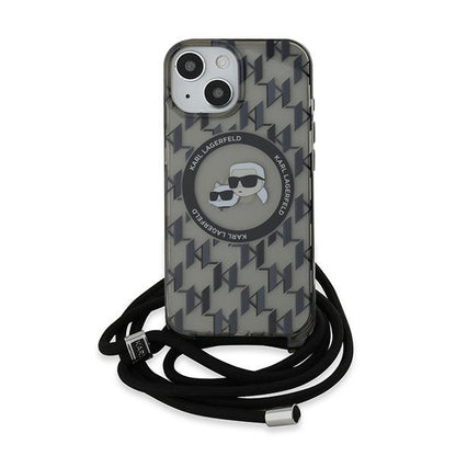 Custodia MagSafe per Apple iPhone 15, Karl Lagerfeld, IML Crossbody Monogram Karl & Choupette's Heads, Nera