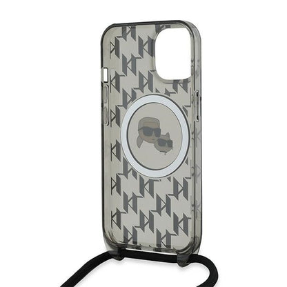 Custodia MagSafe per Apple iPhone 15, Karl Lagerfeld, IML Crossbody Monogram Karl & Choupette's Heads, Nera