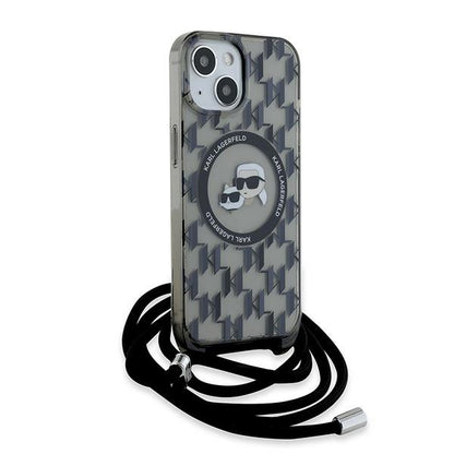 Custodia MagSafe per Apple iPhone 15, Karl Lagerfeld, IML Crossbody Monogram Karl & Choupette's Heads, Nera