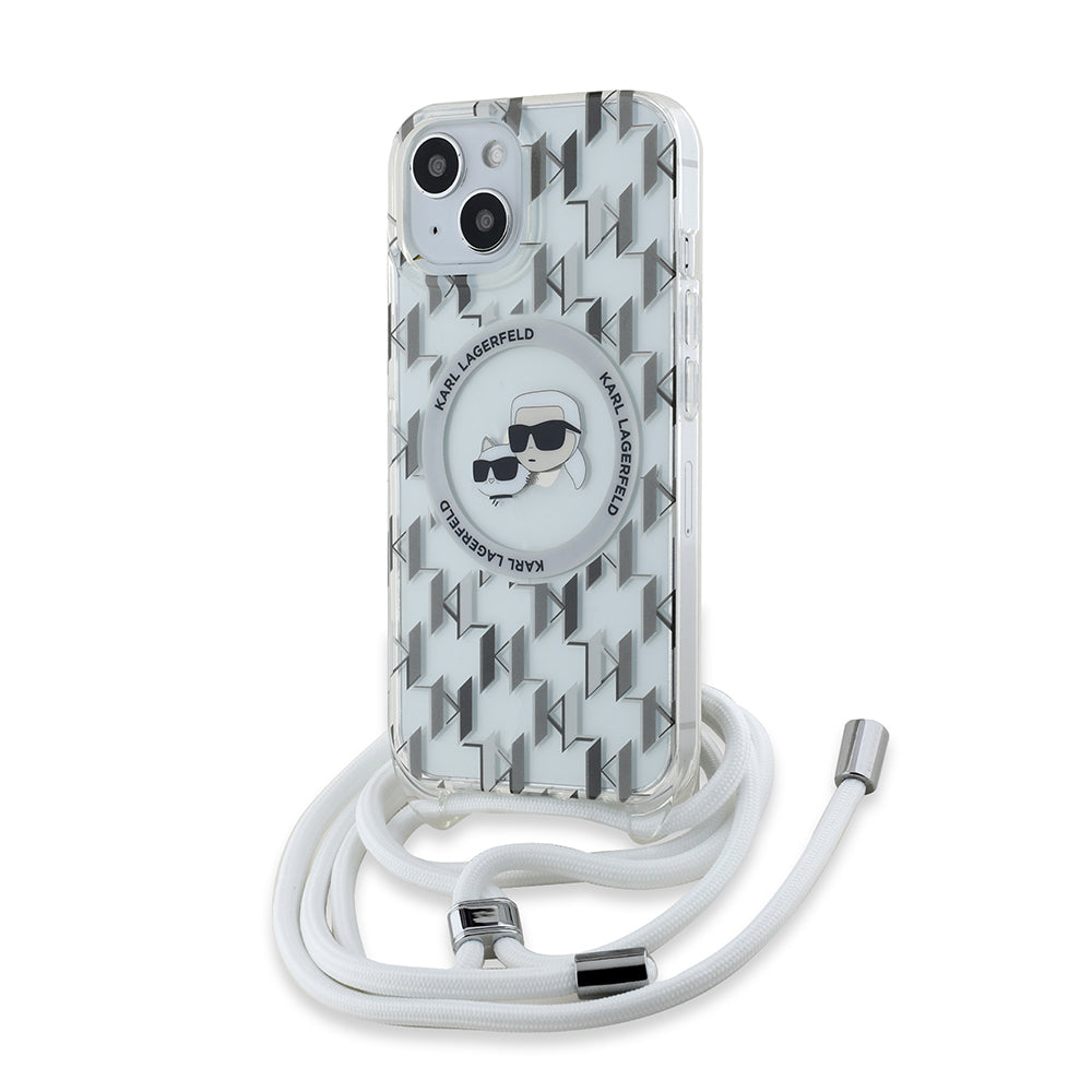 Custodia MagSafe per Apple iPhone 15, Karl Lagerfeld, IML Crossbody Monogramma Karl & Choupette's Heads, Trasparente