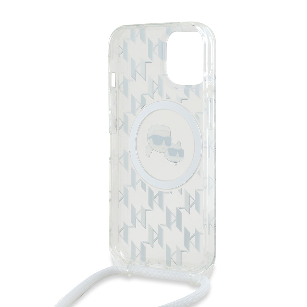 Custodia MagSafe per Apple iPhone 15, Karl Lagerfeld, IML Crossbody Monogramma Karl & Choupette's Heads, Trasparente