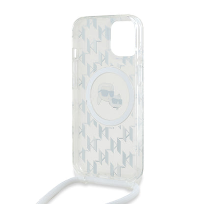 Custodia MagSafe per Apple iPhone 15, Karl Lagerfeld, IML Crossbody Monogramma Karl & Choupette's Heads, Trasparente
