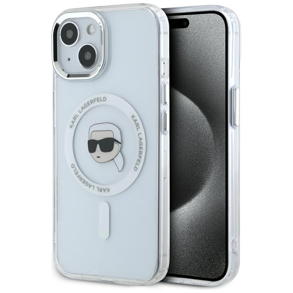 Custodia MagSafe per Apple iPhone 15, Karl Lagerfeld, IML Metal Karl's Head, Bianca