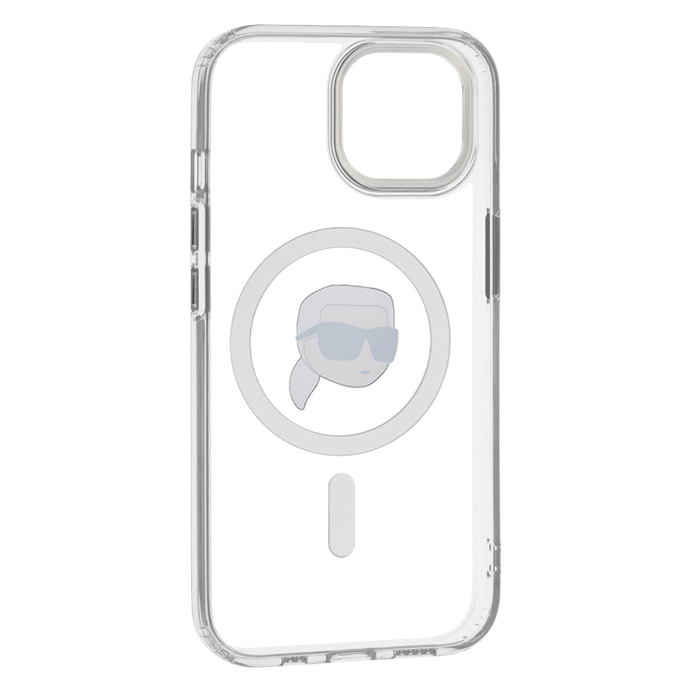 Custodia MagSafe per Apple iPhone 15, Karl Lagerfeld, IML Metal Karl's Head, Bianca