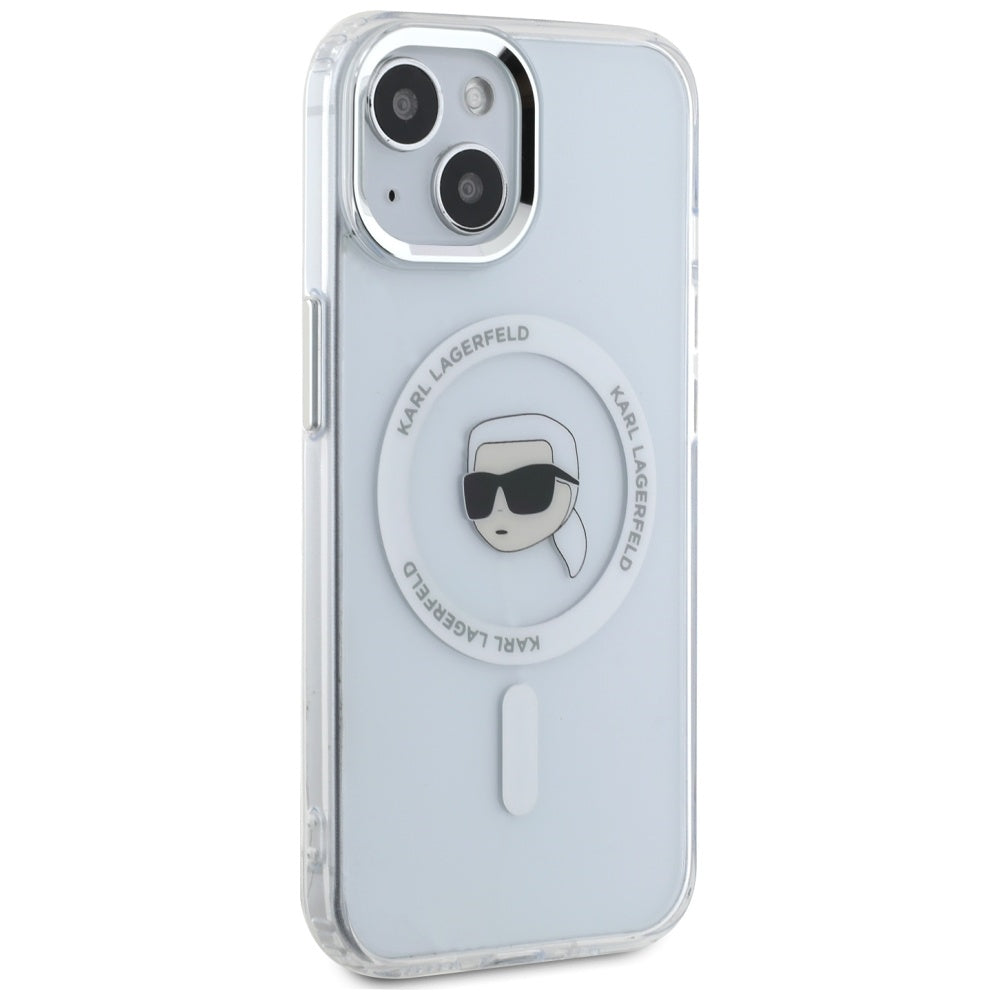 Custodia MagSafe per Apple iPhone 15, Karl Lagerfeld, IML Metal Karl's Head, Bianca