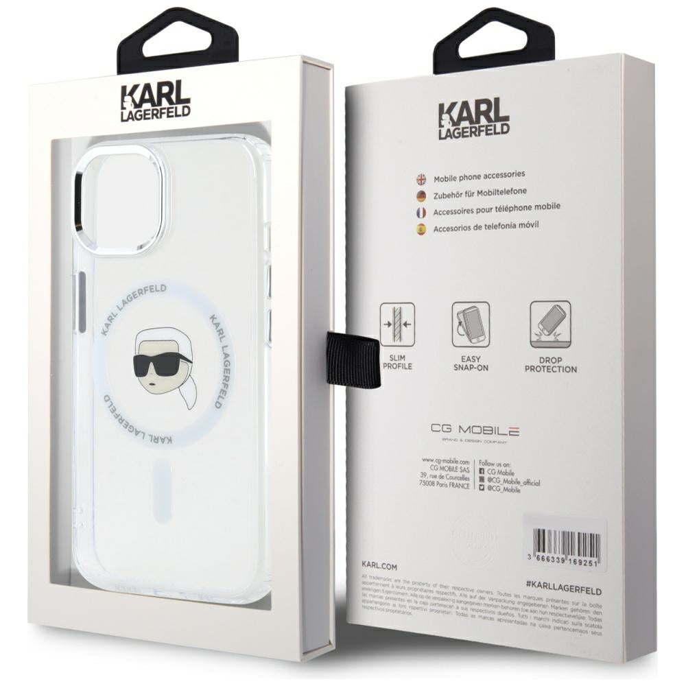 Custodia MagSafe per Apple iPhone 15, Karl Lagerfeld, IML Metal Karl's Head, Bianca