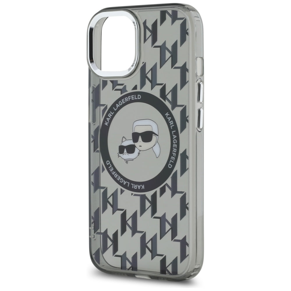 Custodia MagSafe per Apple iPhone 15, Karl Lagerfeld, IML Monogram Karl & Choupette's Heads, Nera