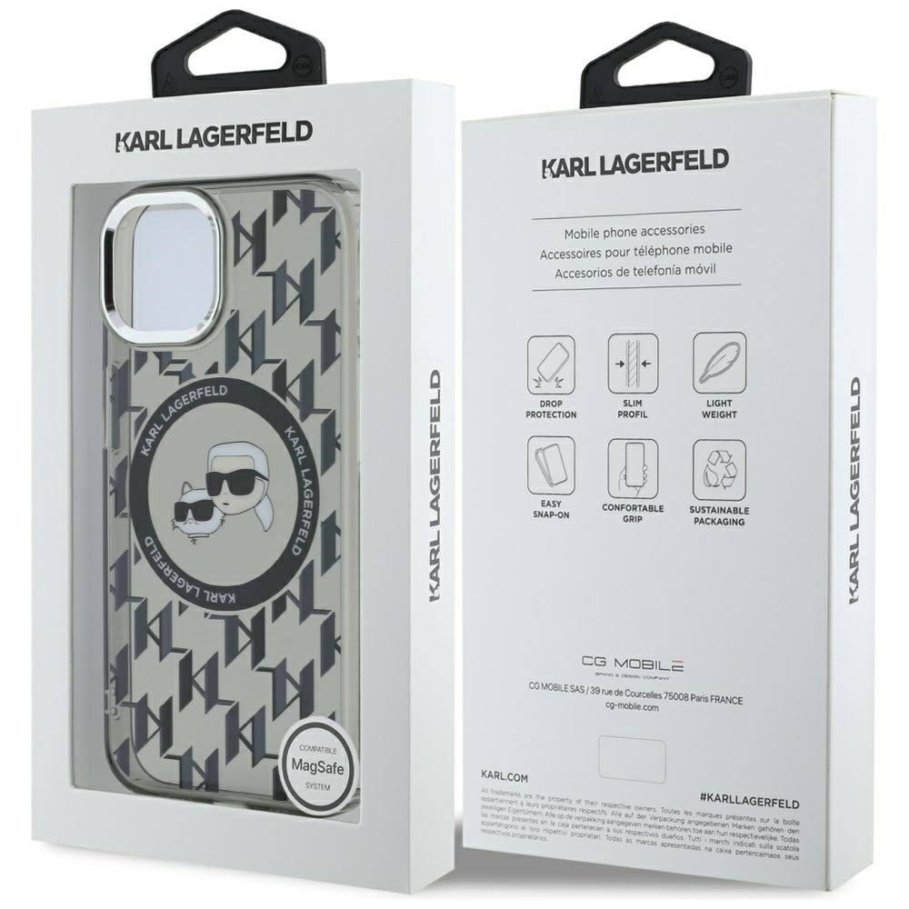Custodia MagSafe per Apple iPhone 15, Karl Lagerfeld, IML Monogram Karl & Choupette's Heads, Nera