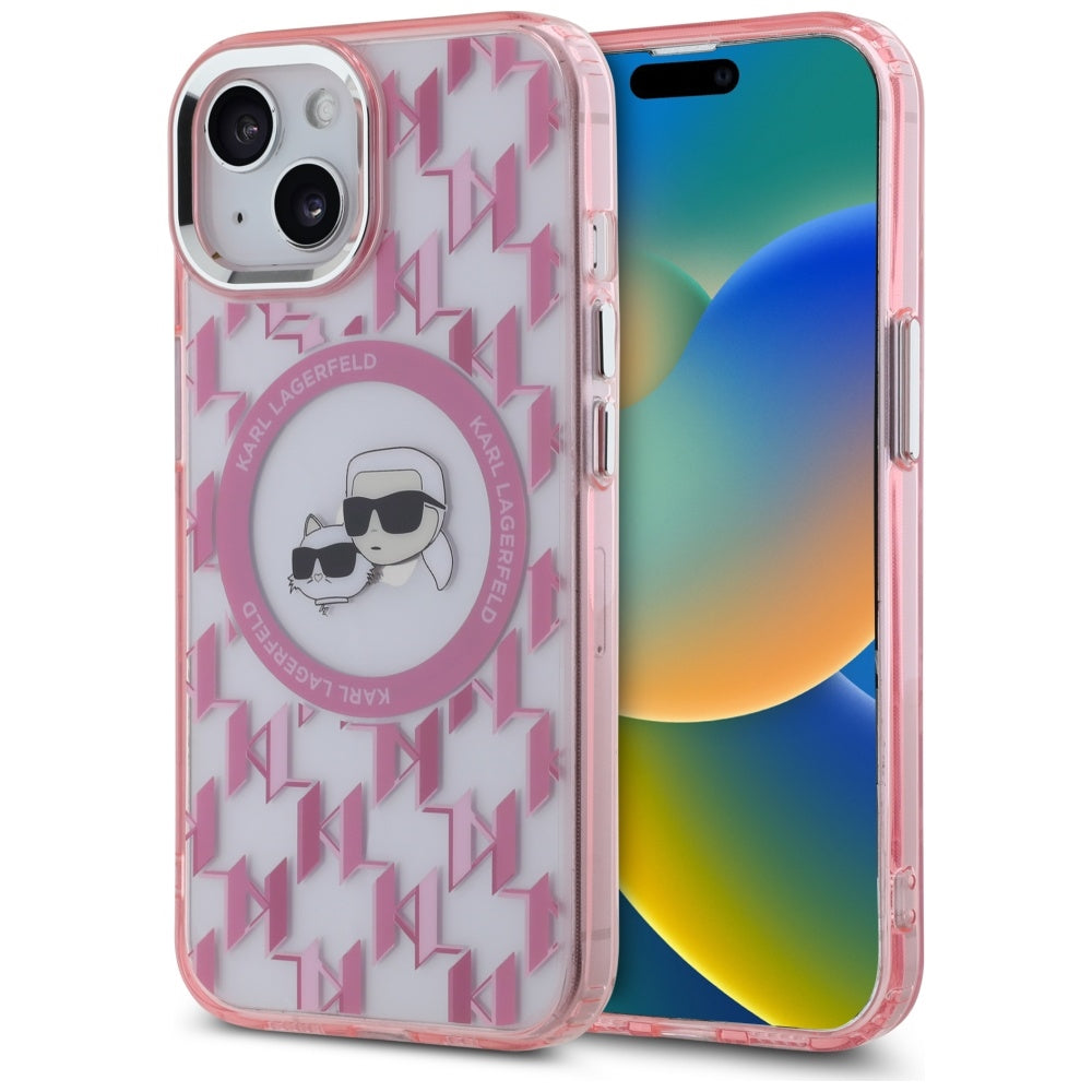 Custodia MagSafe per Apple iPhone 15, Karl Lagerfeld, IML Monogramma Karl & Choupette's Heads, Rosa