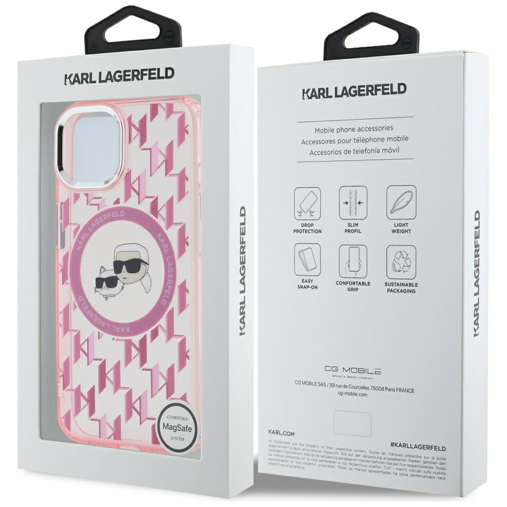 Custodia MagSafe per Apple iPhone 15, Karl Lagerfeld, IML Monogramma Karl & Choupette's Heads, Rosa