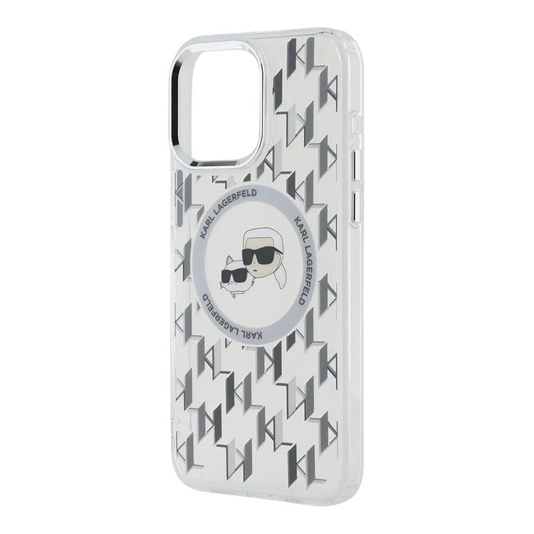 Custodia MagSafe per Apple iPhone 15, Karl Lagerfeld, IML Monogramma Karl & Choupette's Heads, Trasparente