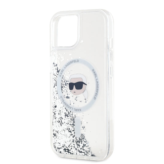 MagSafe Case for Apple iPhone 15, Karl Lagerfeld, Liquid Glitter Karl's Head, Transparent