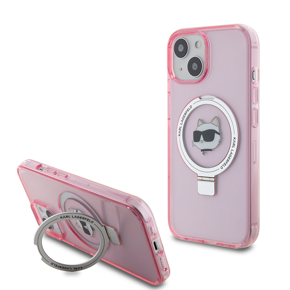 MagSafe Case for Apple iPhone 15, Karl Lagerfeld, Ring Stand Choupette's Head, Pink